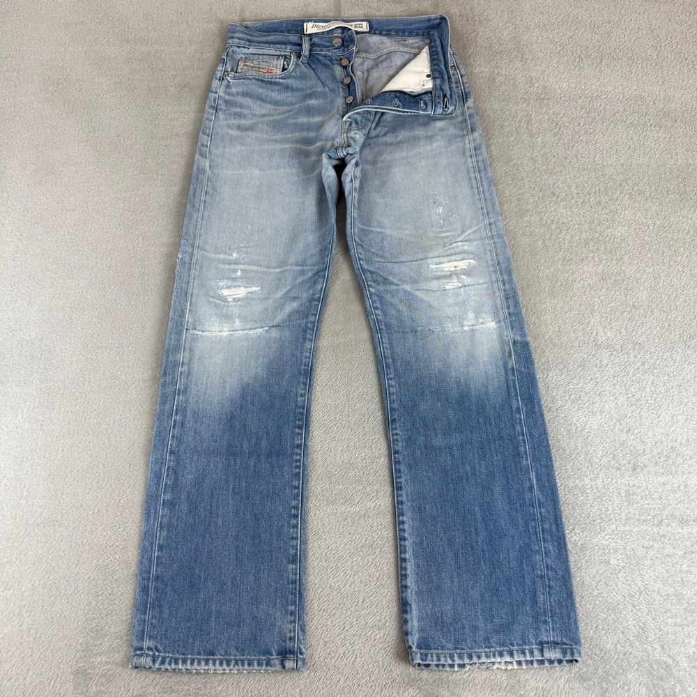 Diesel Fellow Straight Jeans Mens 31x30 Blue Denim Distressed Button Fly Italy